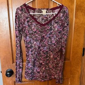 Maurices Burgundy Floral V-Neck Long Sleeve Top
